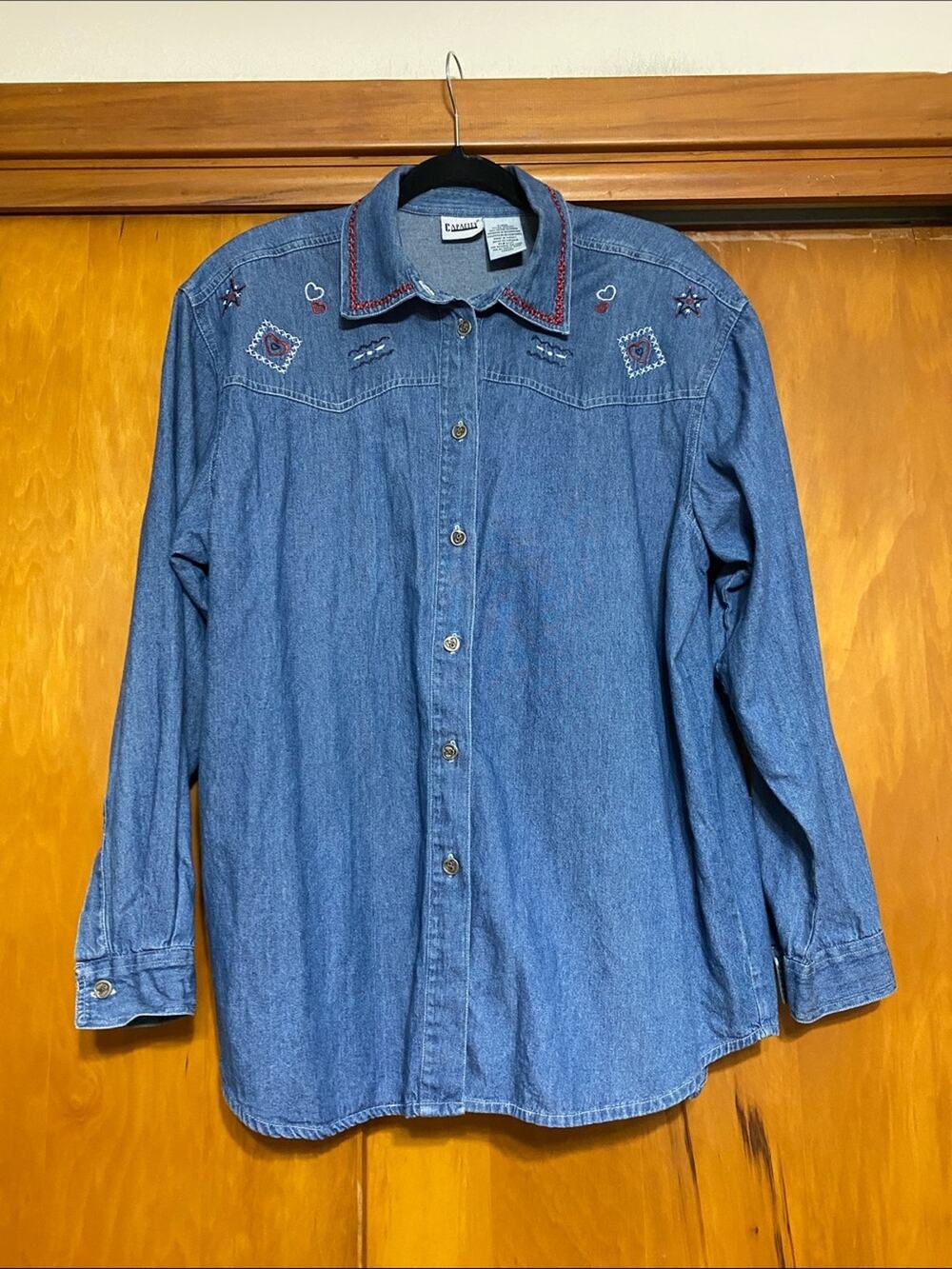 Americana Embroidered Red White Blue Denim Button-Down Shirt Craft Art Country